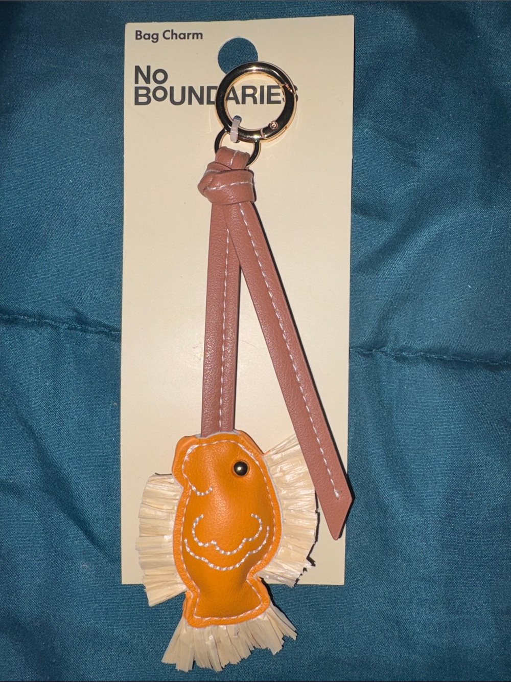 No Boundaries Orange Fish Tassel Keychain with Tan Strap